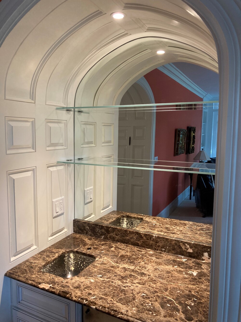 Custom mirror with low iron glass shelves - Wolverine Glass can custom-fit mirrors to fit unique locations in your home or business